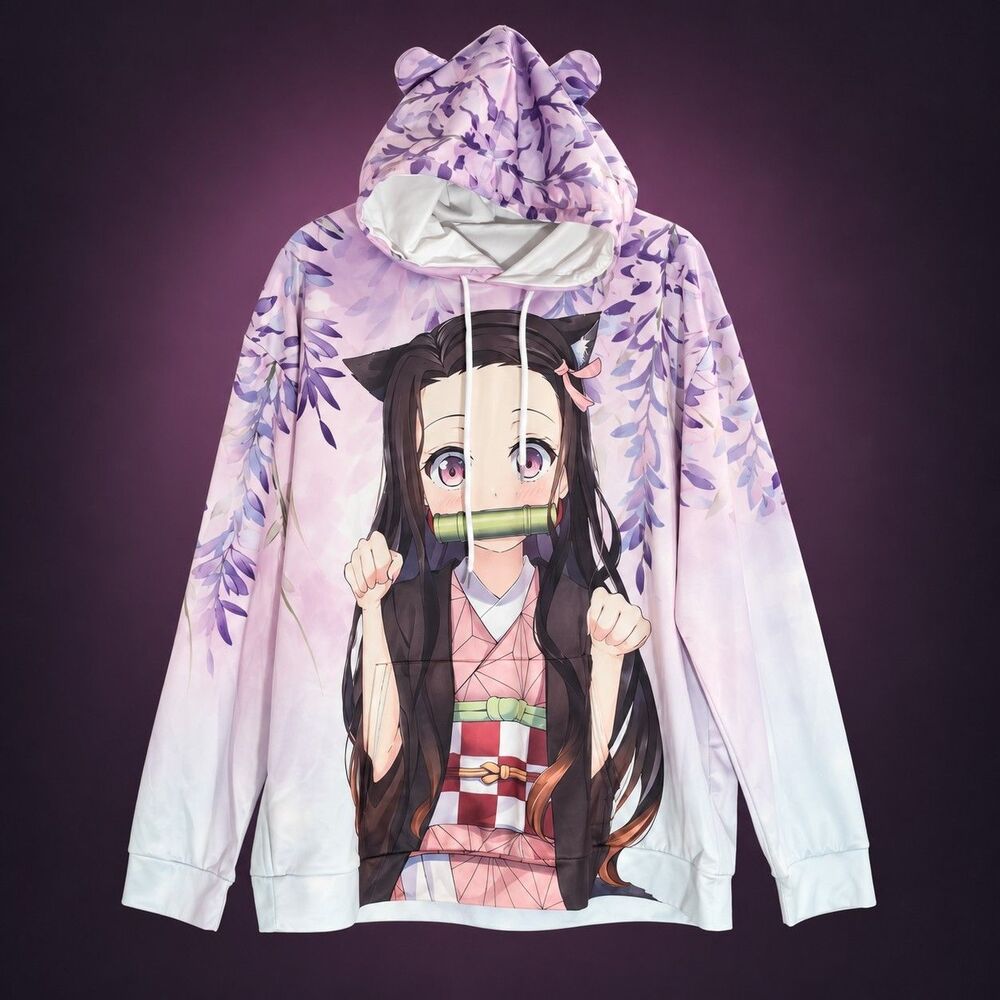 Demon Slayer Nezuko Anime Graphic Hoodie Sweatshirt Cosplay Hood Ears Pink  NWOT